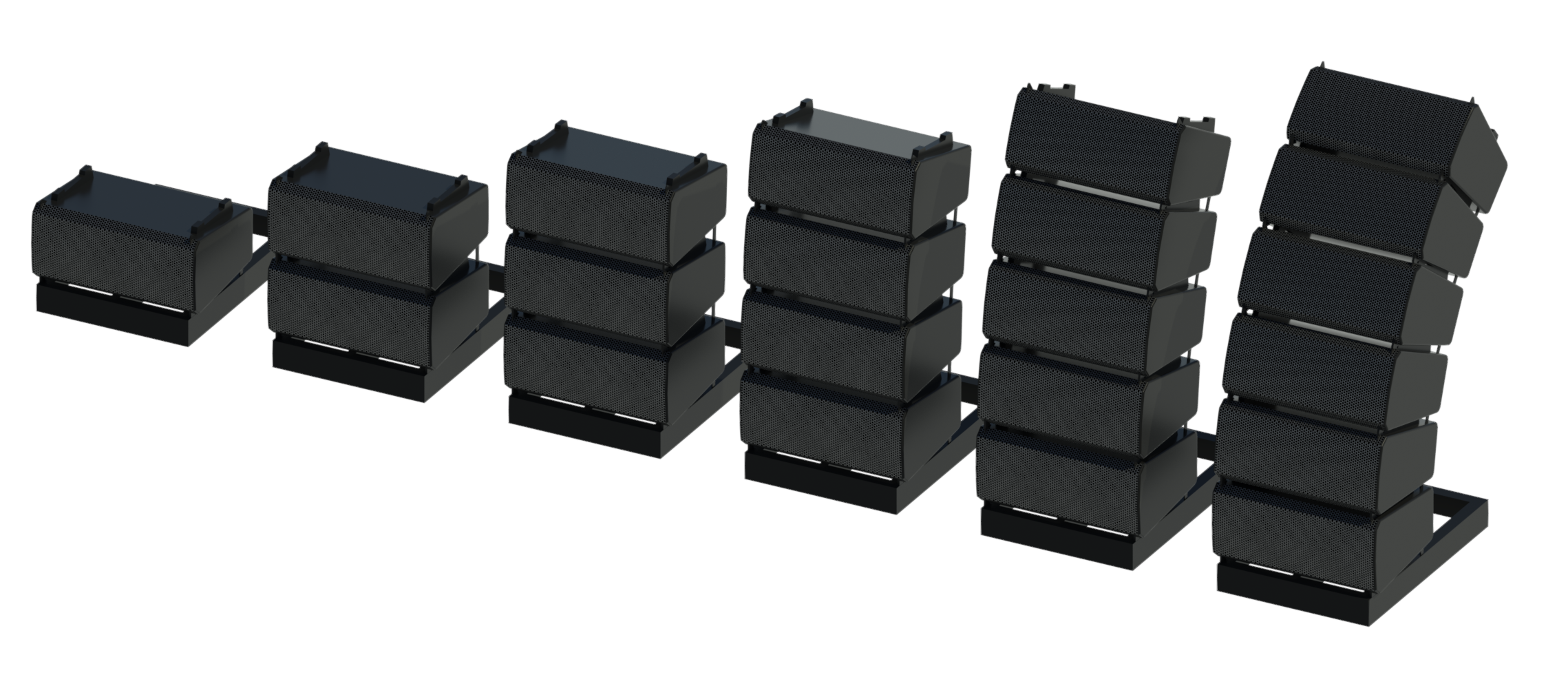 Revit render of PL Series LA12 ground stacked line array showing variable pitches and degrees.